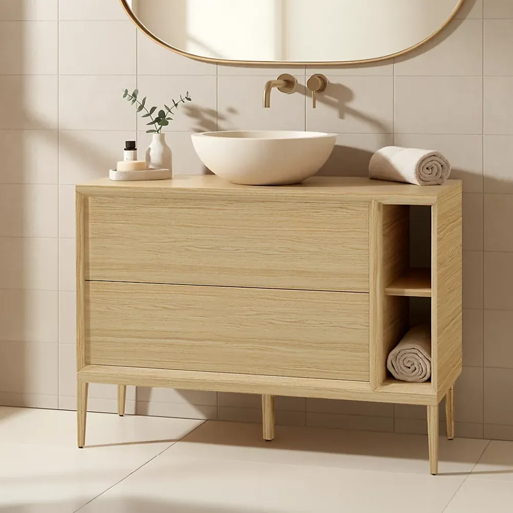 GoodHome Meuble sous vasque Avela placage chêne 100 cm + plan de toilette Avela 120 cm + niche 20 cm + pieds