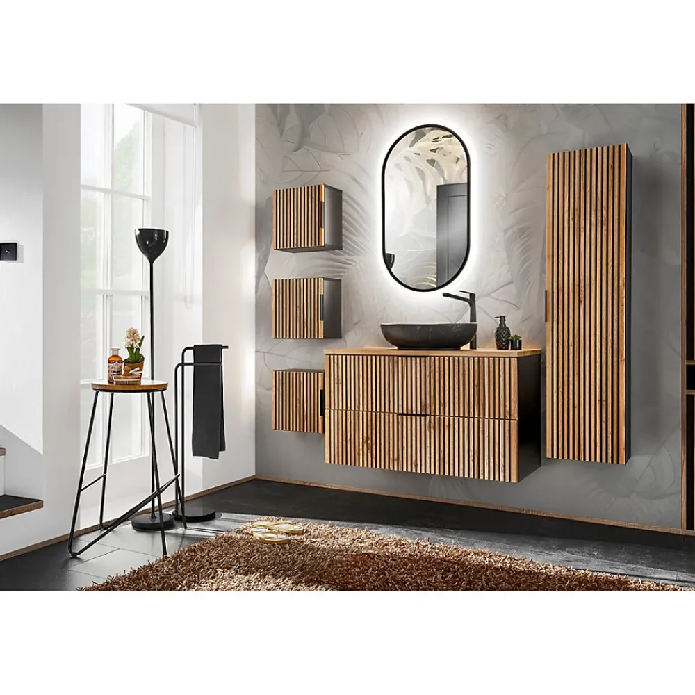 Meuble Sous-Vasque|Meublorama Meuble sous vasque KINOKO 2 tiroirs Finition lattes bois naturel et noir L100 x P46 x H57 cm Meuble suspendu