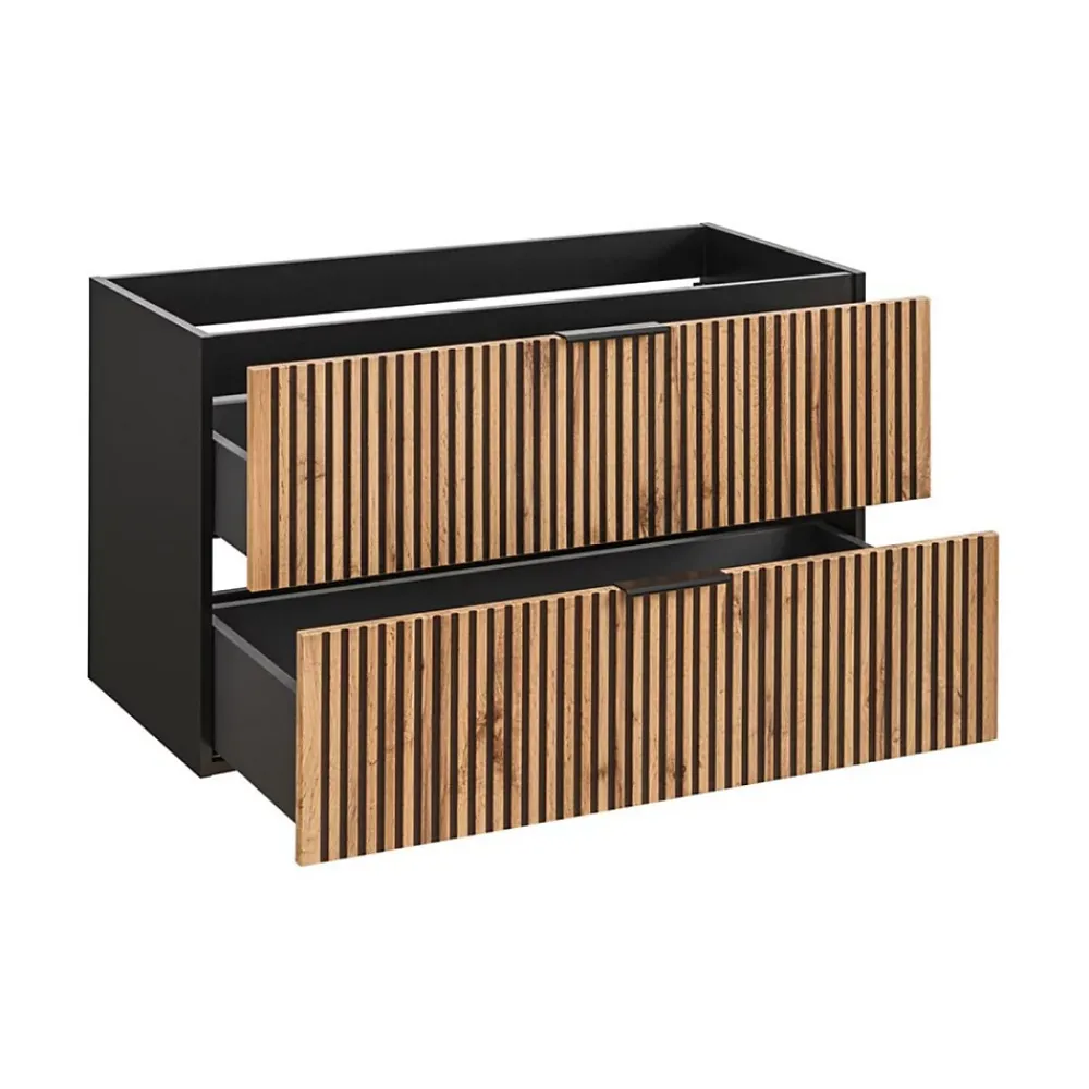 Meuble Sous-Vasque|Meublorama Meuble sous vasque KINOKO 2 tiroirs Finition lattes bois naturel et noir L100 x P46 x H57 cm Meuble suspendu