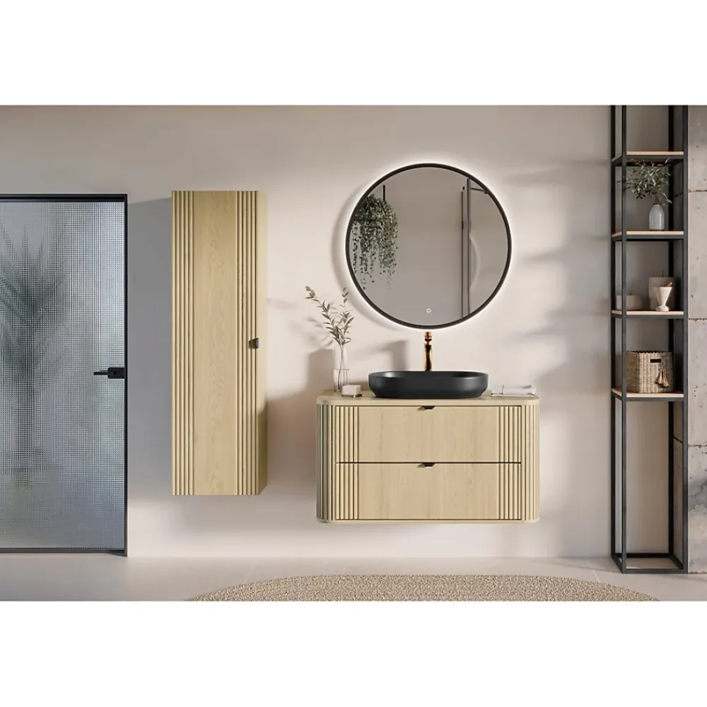 Meuble Sous-Vasque|Meublorama Meuble sous vasque KORI 100 cm chene clair 2 tiroirs suspendus