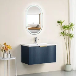 Bain-Bain Meuble sous vasque prémonté 1 tiroir bleu 80 cm STRIA -