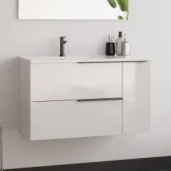 Meuble Sous Lavabo|Cosyneo Meuble sous vasque seul, 2 tiroirs et 1 porte, 80cm, vasque déportée à gauche, blanc laqué - KING
