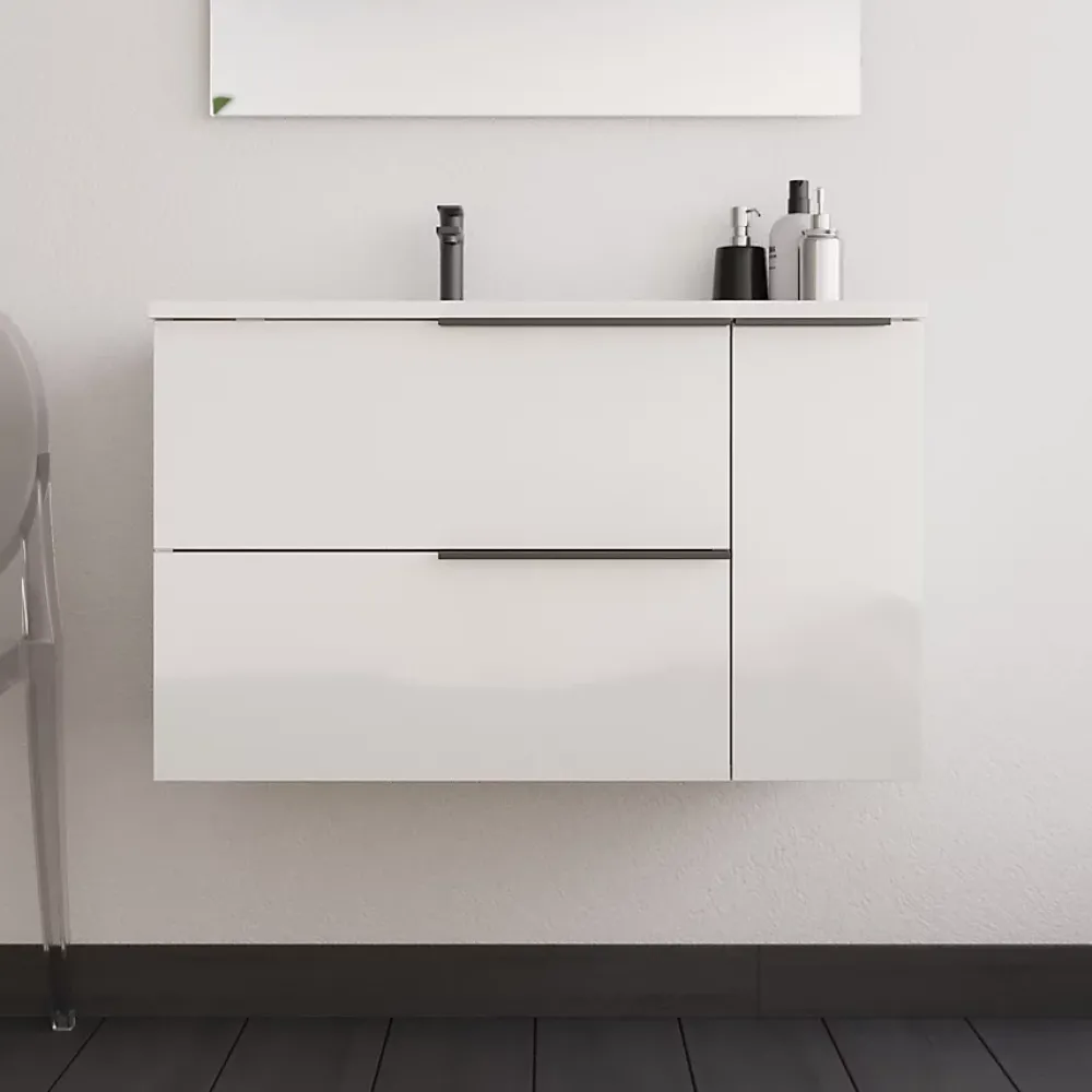 Meuble Sous Lavabo|Cosyneo Meuble sous vasque seul, 2 tiroirs et 1 porte, 80cm, vasque déportée à gauche, blanc laqué - KING
