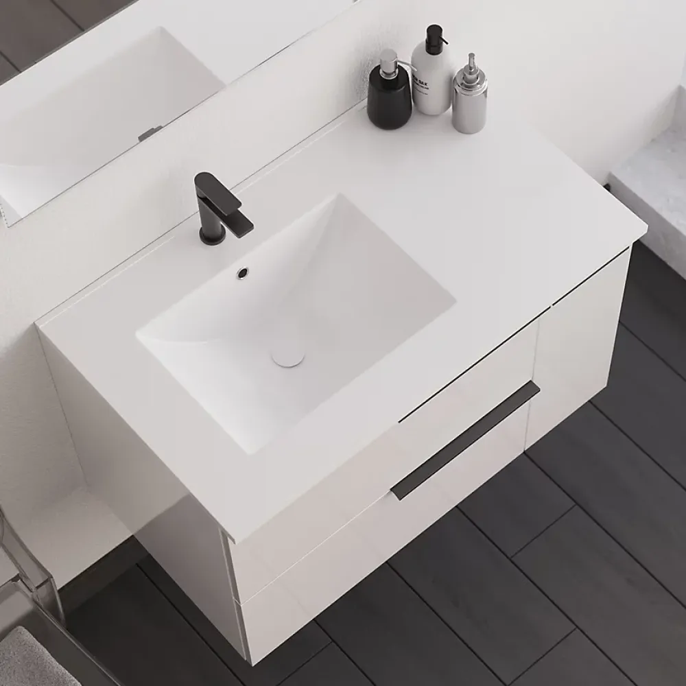 Meuble Sous Lavabo|Cosyneo Meuble sous vasque seul, 2 tiroirs et 1 porte, 80cm, vasque déportée à gauche, blanc laqué - KING