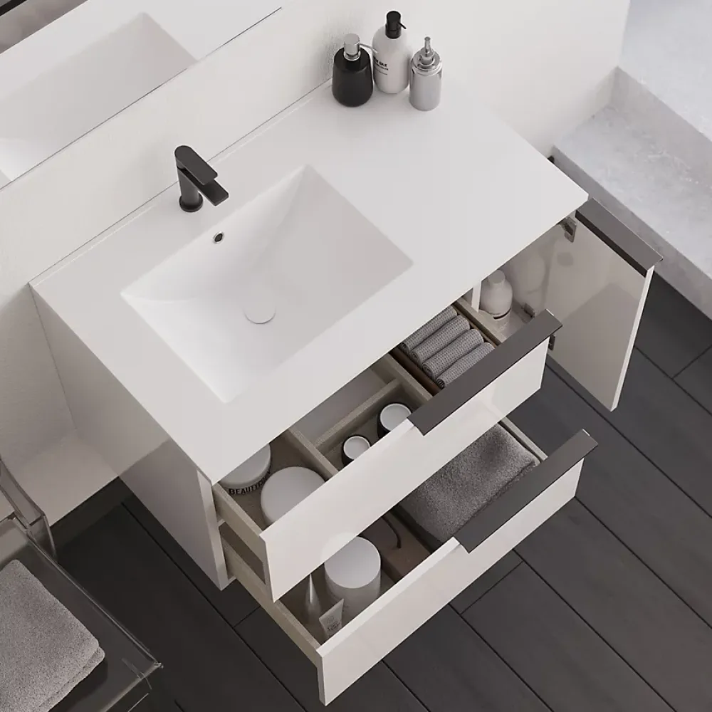 Meuble Sous Lavabo|Cosyneo Meuble sous vasque seul, 2 tiroirs et 1 porte, 80cm, vasque déportée à gauche, blanc laqué - KING