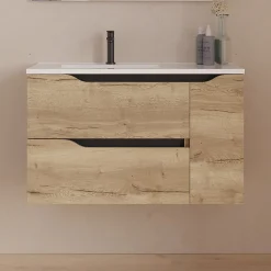 Meuble Sous Lavabo|Cosyneo Meuble sous vasque seul, 2 tiroirs et 1 porte, 80cm, vasque déportée gauche - madera miel (bois clair) - ZARZA
