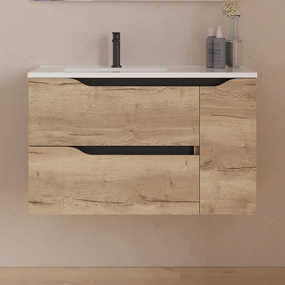 Meuble Sous Lavabo|Cosyneo Meuble sous vasque seul, 2 tiroirs et 1 porte, 80cm, vasque déportée gauche - madera miel (bois clair) - ZARZA