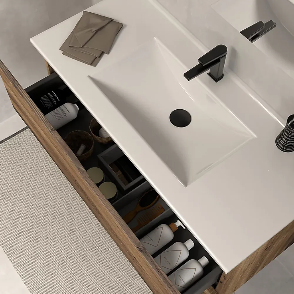 Meuble Sous Lavabo|Cosyneo Meuble sous vasque seul, 2 tiroirs, 60cm, simple vasque - tabaco (chêne foncé) - LUNA
