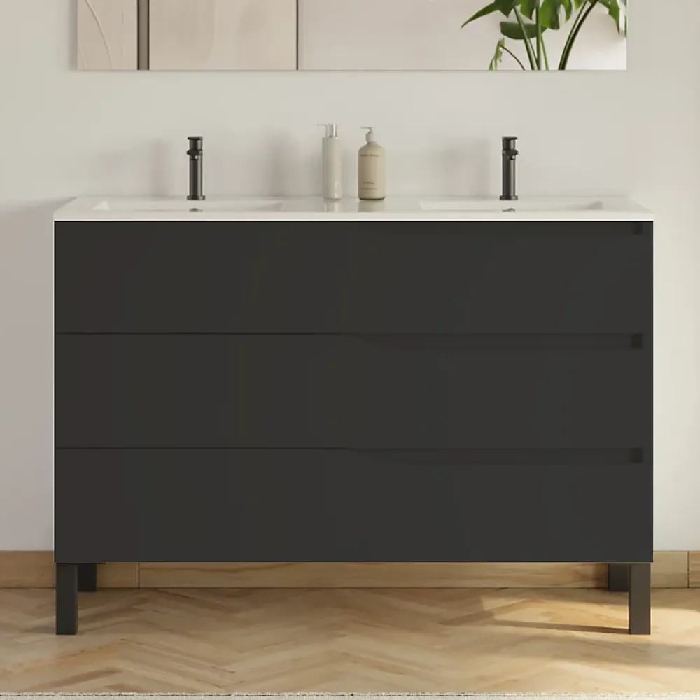 Cosyneo Meuble sous vasque seul, 3 tiroirs, 120cm, double vasque - noir - MATA