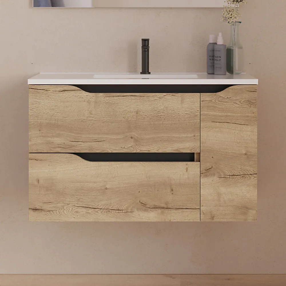 Meuble Sous Lavabo|Cosyneo Meuble sous vasque seul, 2 tiroirs et 1 porte, 80cm, vasque centrée - madera miel (bois clair) - ZARZA