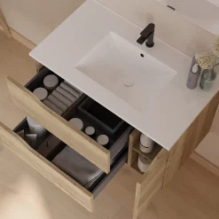 Meuble Sous Lavabo|Cosyneo Meuble sous vasque seul, 2 tiroirs et 1 porte, 80cm, vasque centrée - madera miel (bois clair) - ZARZA