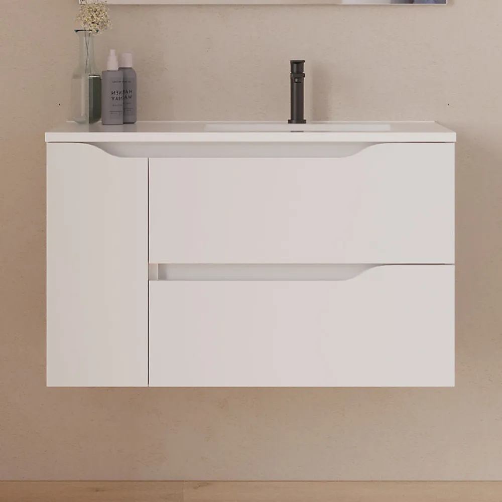 Cosyneo Meuble sous vasque seul, 2 tiroirs et 1 porte, 80cm, vasque déportée droite - blanc mat - ZARZA