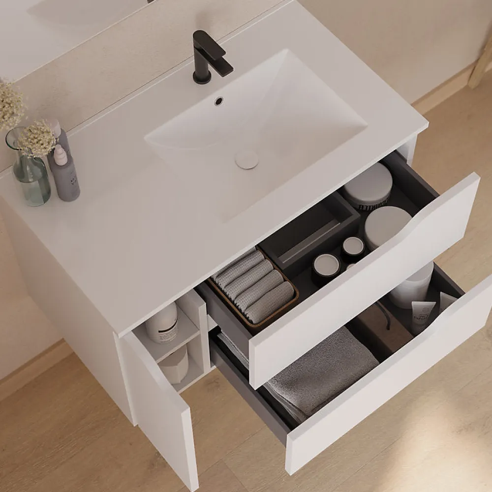 Cosyneo Meuble sous vasque seul, 2 tiroirs et 1 porte, 80cm, vasque déportée droite - blanc mat - ZARZA
