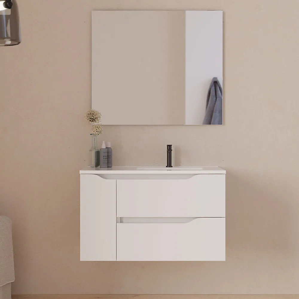 Cosyneo Meuble sous vasque seul, 2 tiroirs et 1 porte, 80cm, vasque déportée droite - blanc mat - ZARZA