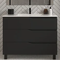Cosyneo Meuble sous vasque seul, 3 tiroirs, 80cm, simple vasque - noir - MATA