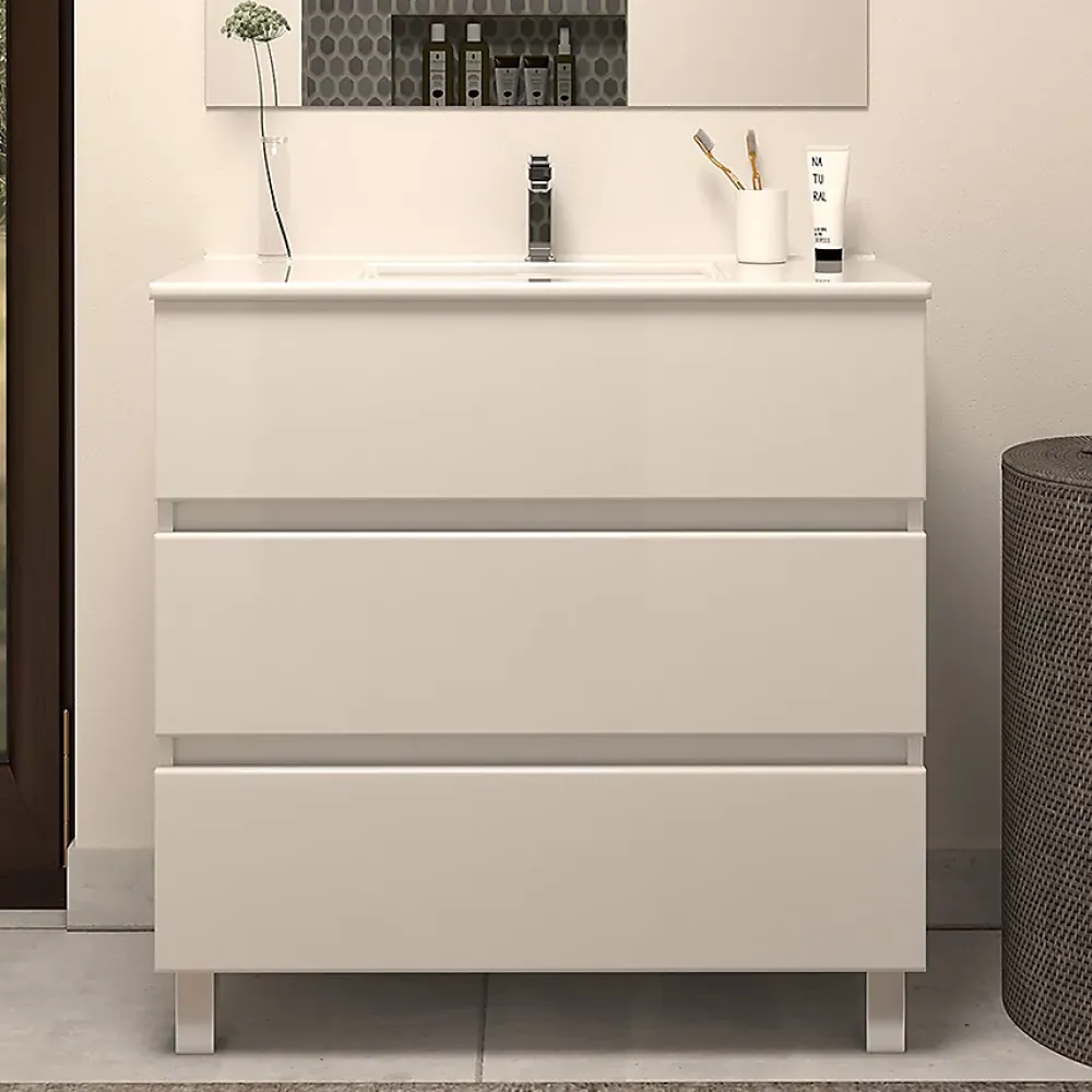 Cosyneo Meuble sous vasque seul, 3 tiroirs, 60cm, simple vasque - blanc brillant - MAYOR