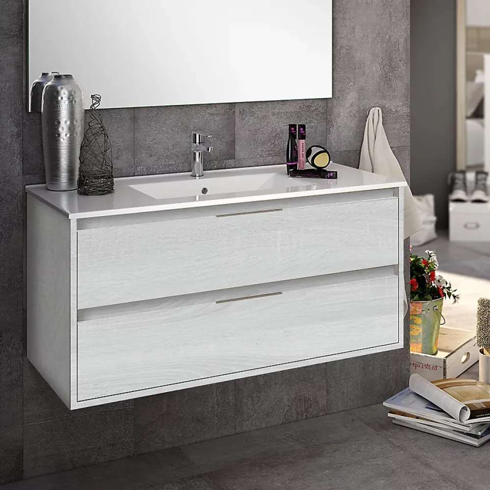 Cosyneo Meuble sous vasque seul, 2 tiroirs, 100cm, simple vasque - hibernian (bois blanchi) - IRIS