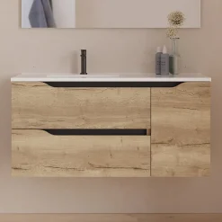 Cosyneo Meuble sous vasque seul, 2 tiroirs et 1 porte, 100cm, vasque déportée gauche - madera miel (bois clair) - ZARZA