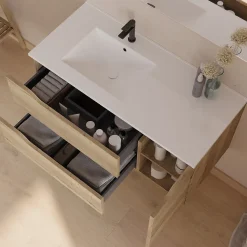 Cosyneo Meuble sous vasque seul, 2 tiroirs et 1 porte, 100cm, vasque déportée gauche - madera miel (bois clair) - ZARZA