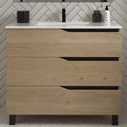 Meuble Sous Lavabo|Cosyneo Meuble sous vasque seul, 3 tiroirs, 70cm, simple vasque - madera miel (chêne clair) - MATA