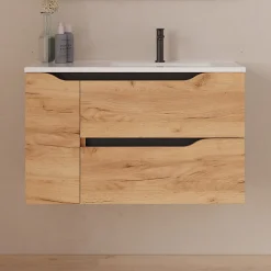 Cosyneo Meuble sous vasque seul, 2 tiroirs et 1 porte, 80cm, vasque déportée droite - roble (bois clair) - ZARZA