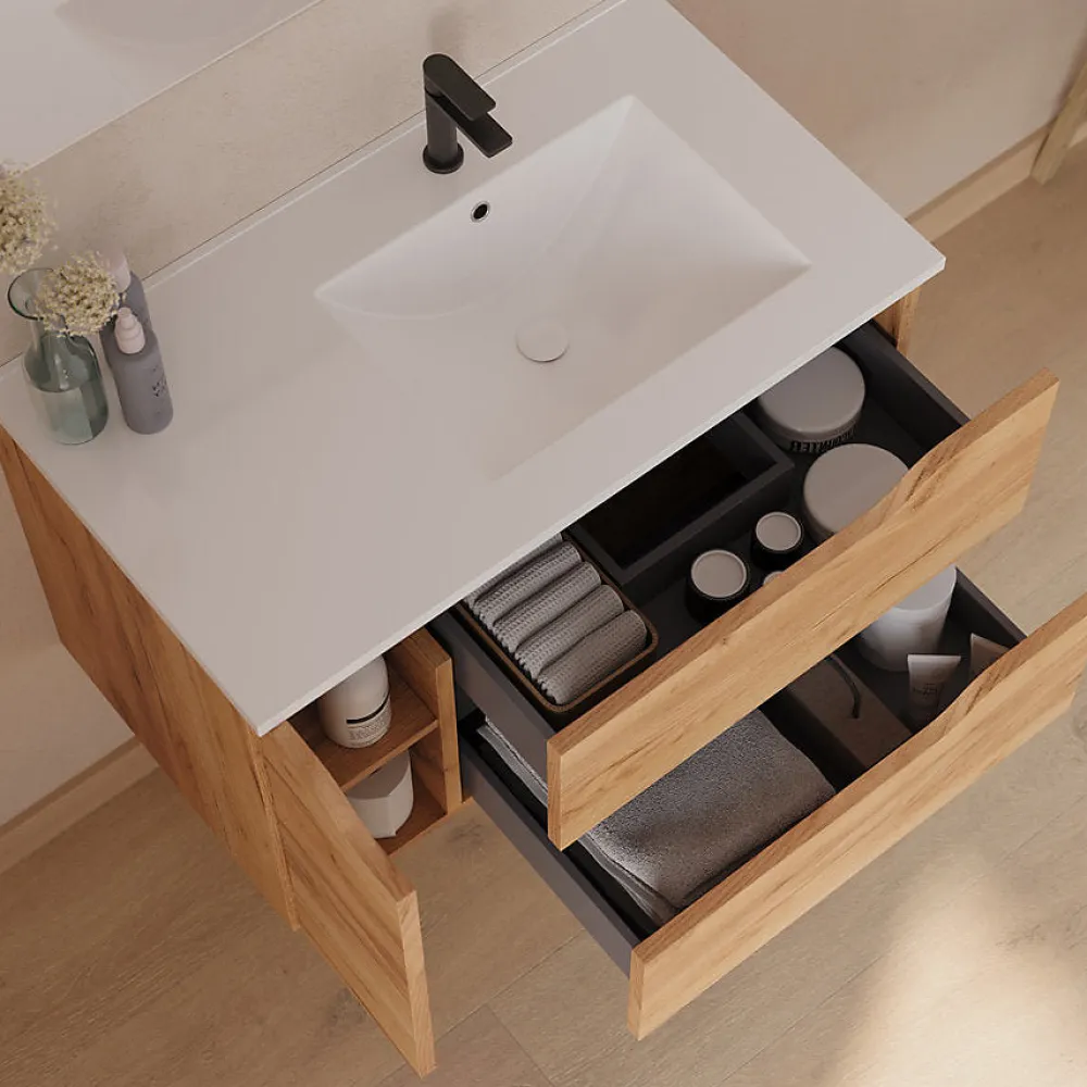 Cosyneo Meuble sous vasque seul, 2 tiroirs et 1 porte, 80cm, vasque déportée droite - roble (bois clair) - ZARZA