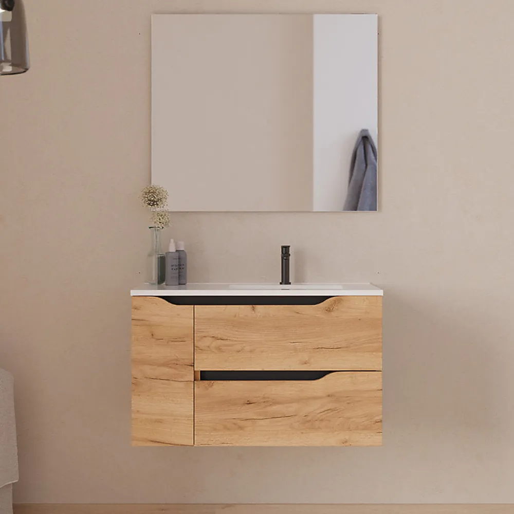 Cosyneo Meuble sous vasque seul, 2 tiroirs et 1 porte, 80cm, vasque déportée droite - roble (bois clair) - ZARZA