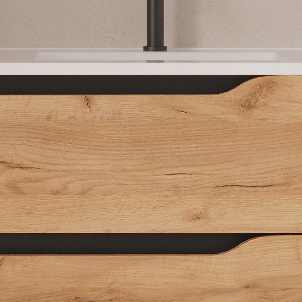 Cosyneo Meuble sous vasque seul, 2 tiroirs et 1 porte, 80cm, vasque déportée droite - roble (bois clair) - ZARZA