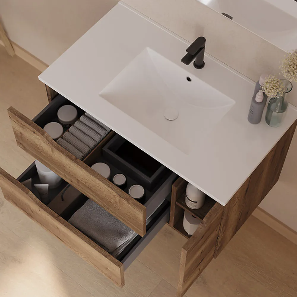 Meuble Sous Lavabo|Cosyneo Meuble sous vasque seul, 2 tiroirs et 1 porte, 80cm, vasque centrée - tabaco (bois foncé) - ZARZA