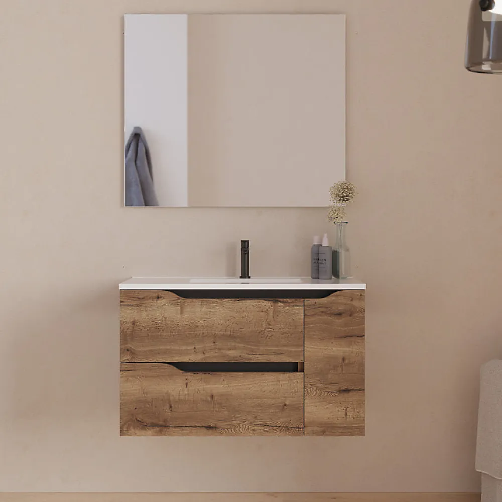 Meuble Sous Lavabo|Cosyneo Meuble sous vasque seul, 2 tiroirs et 1 porte, 80cm, vasque centrée - tabaco (bois foncé) - ZARZA