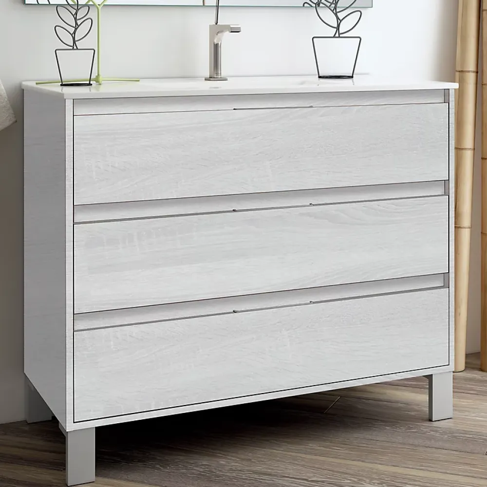 Cosyneo Meuble sous vasque seul, 3 tiroirs, 100cm, simple vasque - hibernian (bois blanchi) - TIRIS