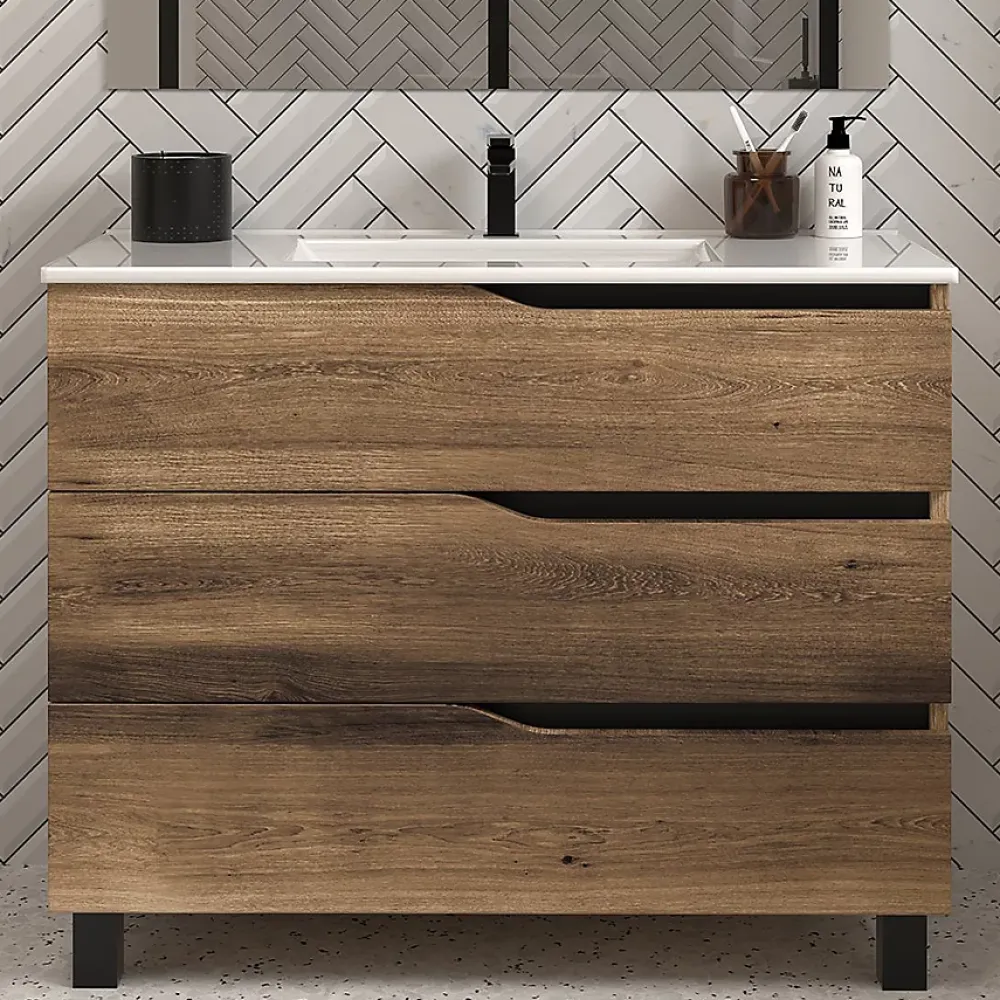 Meuble Sous Lavabo|Cosyneo Meuble sous vasque seul, 3 tiroirs, 100cm, simple vasque - tabaco (chêne foncé) - MATA