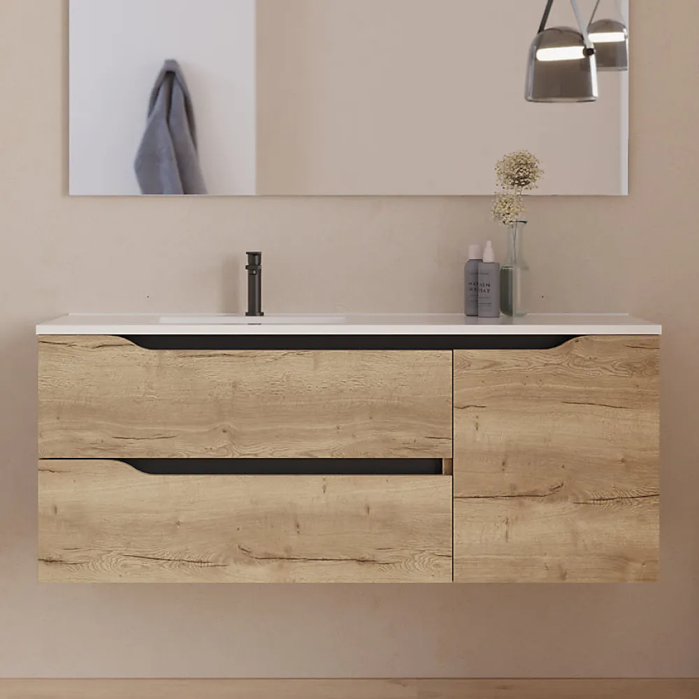 Cosyneo Meuble sous vasque seul, 2 tiroirs et 1 porte, 120cm, vasque déportée gauche - madera miel (bois clair) - ZARZA