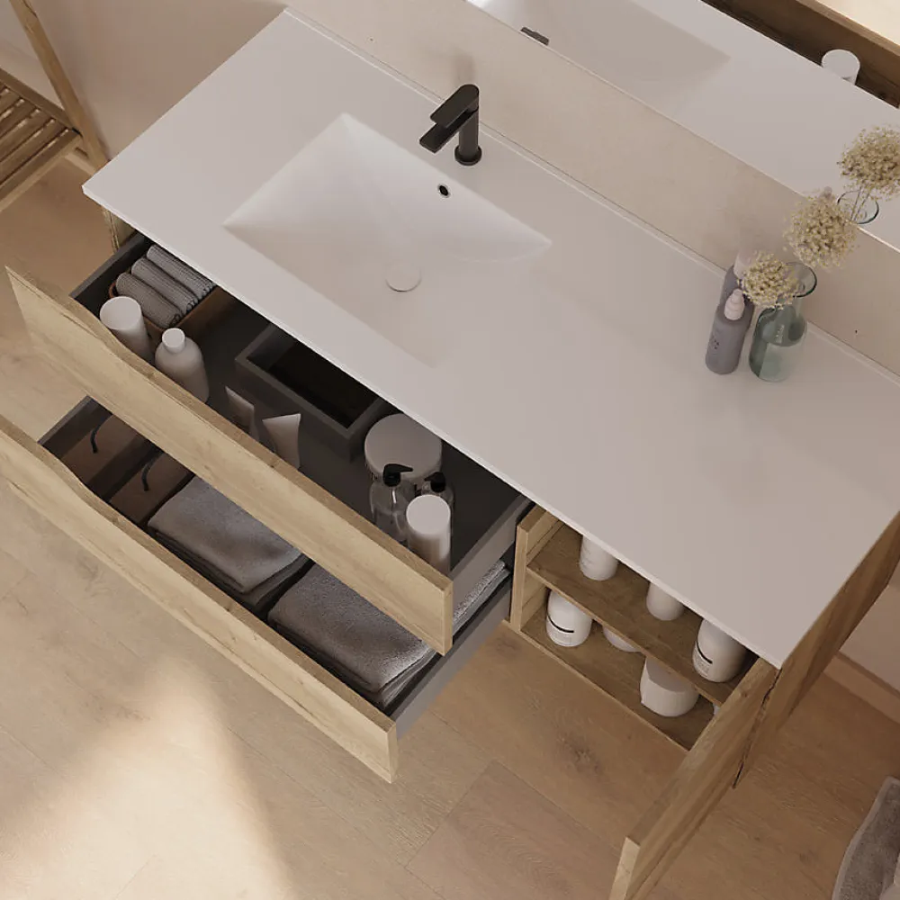 Cosyneo Meuble sous vasque seul, 2 tiroirs et 1 porte, 120cm, vasque déportée gauche - madera miel (bois clair) - ZARZA