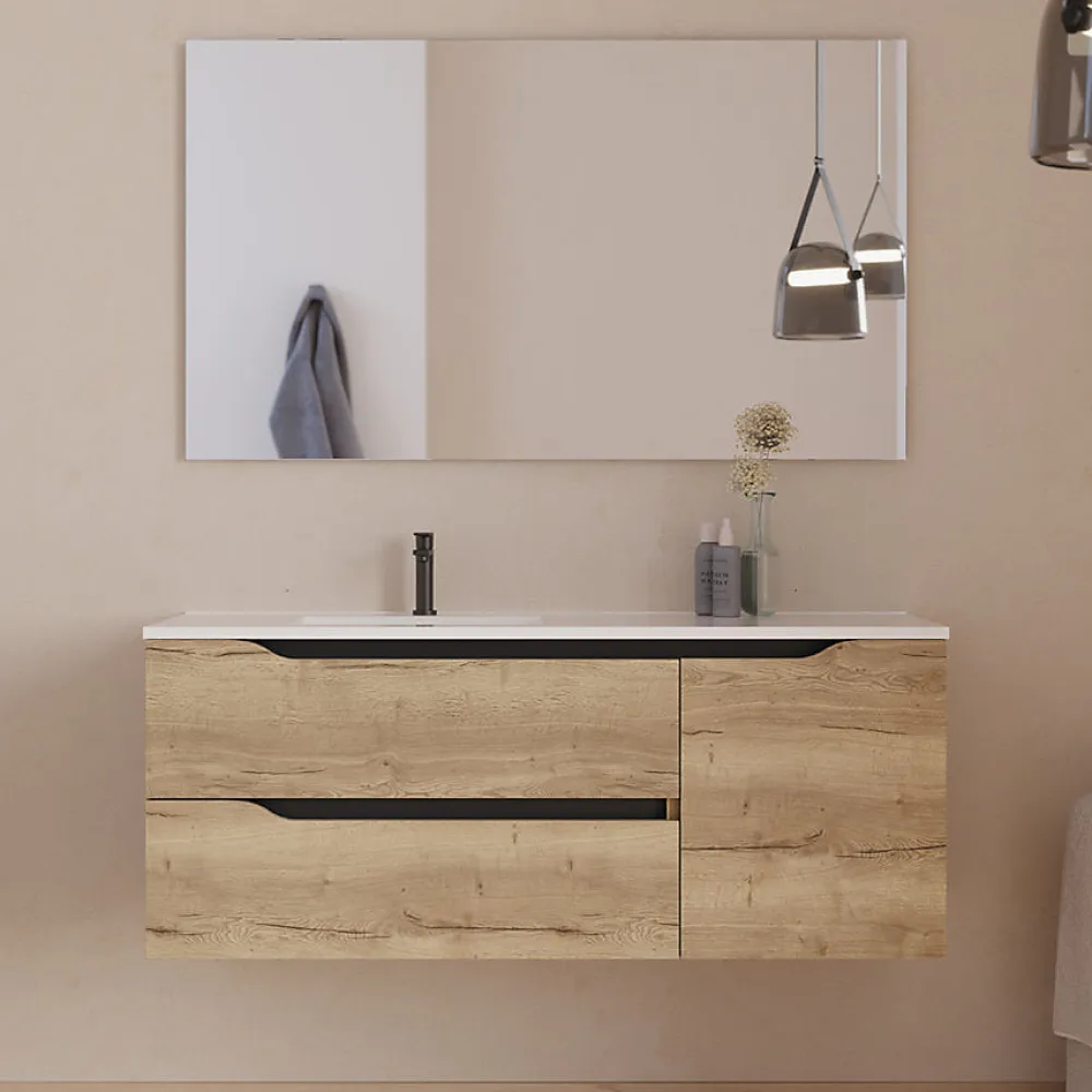 Cosyneo Meuble sous vasque seul, 2 tiroirs et 1 porte, 120cm, vasque déportée gauche - madera miel (bois clair) - ZARZA