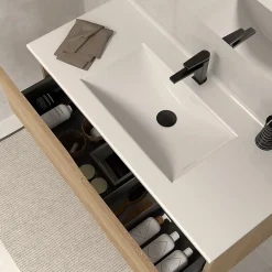 Cosyneo Meuble sous vasque seul, 2 tiroirs, 60cm, simple vasque - madera miel (chêne clair) - LUNA