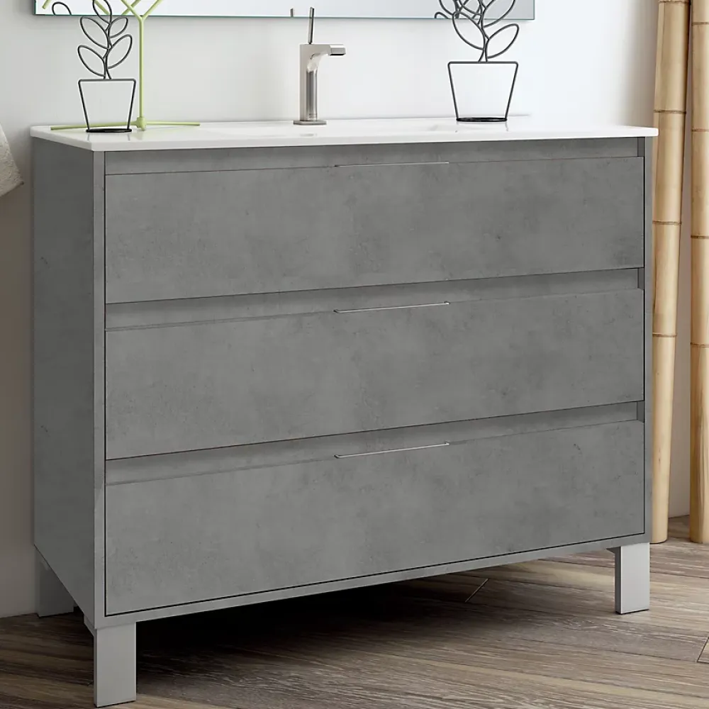 Cosyneo Meuble sous vasque seul, 3 tiroirs, 100cm, simple vasque - ciment (gris) - TIRIS