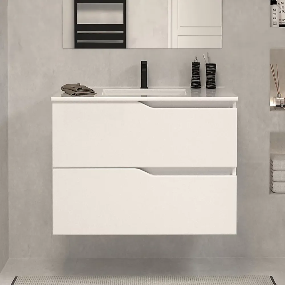 Cosyneo Meuble sous vasque seul, 2 tiroirs, 60cm, simple vasque - blanc mat - LUNA