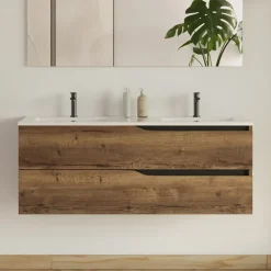 Cosyneo Meuble sous vasque seul, 2 tiroirs, 120cm, double vasque - tabaco (chêne foncé) - LUNA