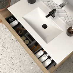 Meuble Sous Lavabo|Cosyneo Meuble sous vasque seul, 3 tiroirs, 120cm, simple vasque - madera miel (chêne clair) - MATA