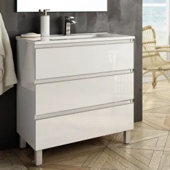 Cosyneo Meuble sous vasque seul, 3 tiroirs, 80cm, simple vasque - blanc laqué - PALMA