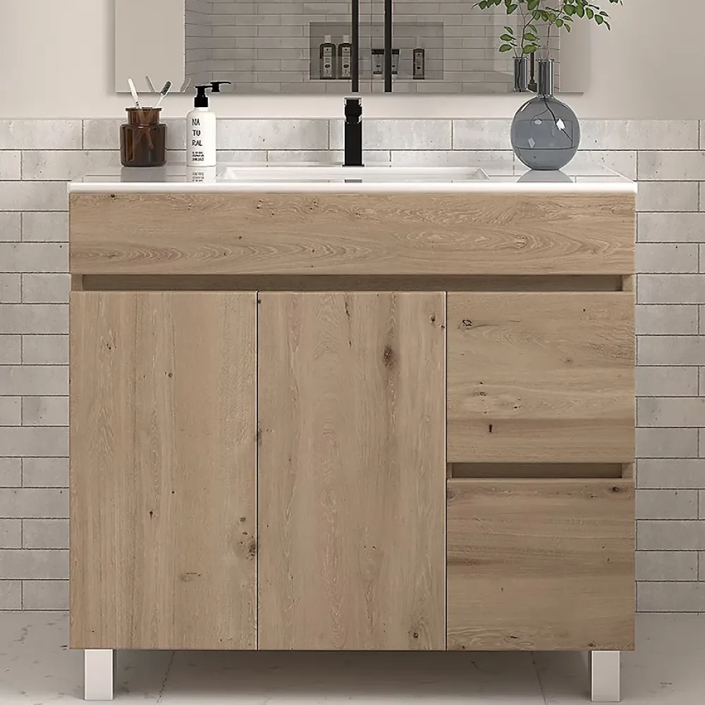 Meuble Sous Lavabo|Cosyneo Meuble sous vasque seul, 2 tiroirs et 2 portes, 80cm, simple vasque - cambrian (chêne clair) - HARO