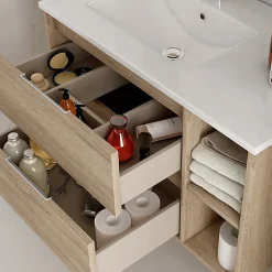 Cosyneo Meuble sous vasque seul, 2 tiroirs et 2 niches, 80cm, vasque déportée à gauche - ciment (gris) - OLYMPE