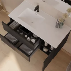 Meuble Sous Lavabo|Cosyneo Meuble sous vasque seul, 2 tiroirs et 1 porte, 100cm, vasque déportée gauche - noir - ZARZA