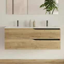 Meuble Sous Lavabo|Cosyneo Meuble sous vasque seul, 2 tiroirs, 120cm, double vasque - madera miel (chêne clair) - LUNA