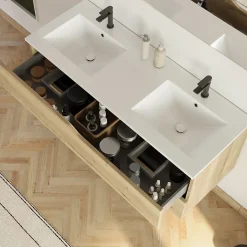 Meuble Sous Lavabo|Cosyneo Meuble sous vasque seul, 2 tiroirs, 120cm, double vasque - madera miel (chêne clair) - LUNA