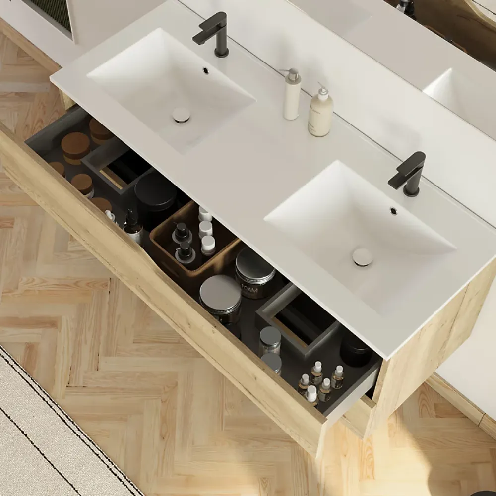 Meuble Sous Lavabo|Cosyneo Meuble sous vasque seul, 2 tiroirs, 120cm, double vasque - madera miel (chêne clair) - LUNA