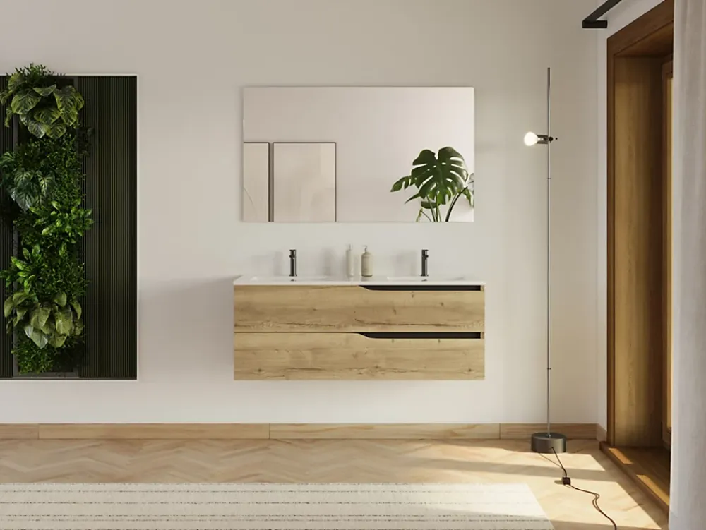 Meuble Sous Lavabo|Cosyneo Meuble sous vasque seul, 2 tiroirs, 120cm, double vasque - madera miel (chêne clair) - LUNA