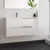 Meuble Sous Lavabo|Cosyneo Meuble sous vasque seul, 2 tiroirs et 1 porte, 100cm, vasque déportée à gauche, blanc laqué - KING