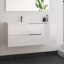 Meuble Sous Lavabo|Cosyneo Meuble sous vasque seul, 2 tiroirs et 1 porte, 100cm, vasque déportée à gauche, blanc laqué - KING